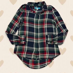 Navy and red Buttons plaid button-up blouse